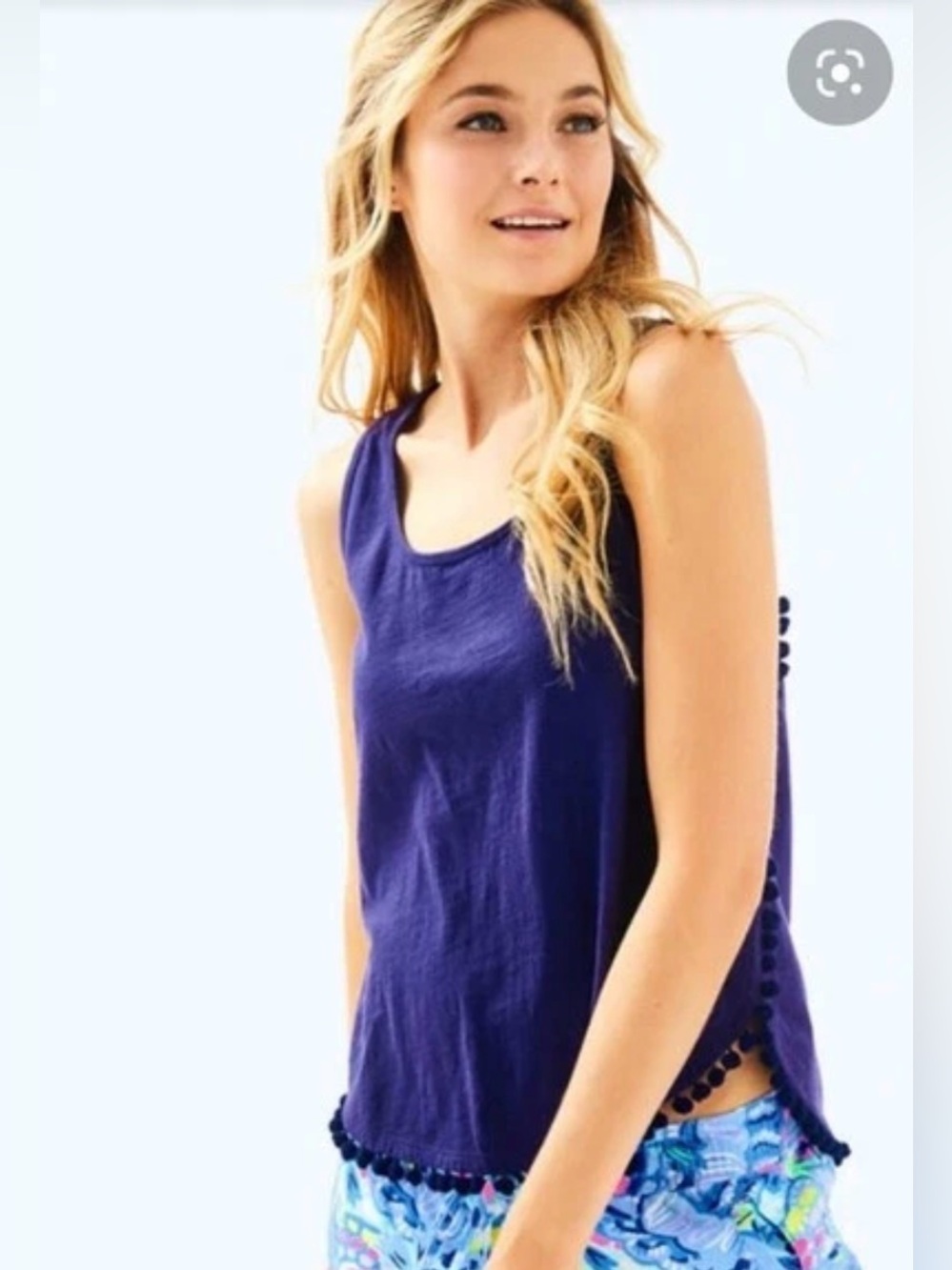 Lilly Pulitzer Mckee Pom Pom Sleeveless Top Cotton Blue Scoop Neck Tank XXS NEW